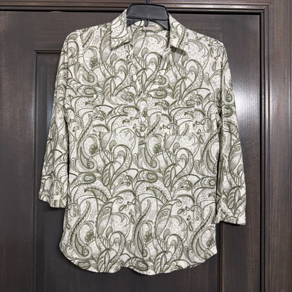 Chicos Green White Paisley 100% Linen 3/4 Sleeve Button Blouse Top‎ Size 1 M